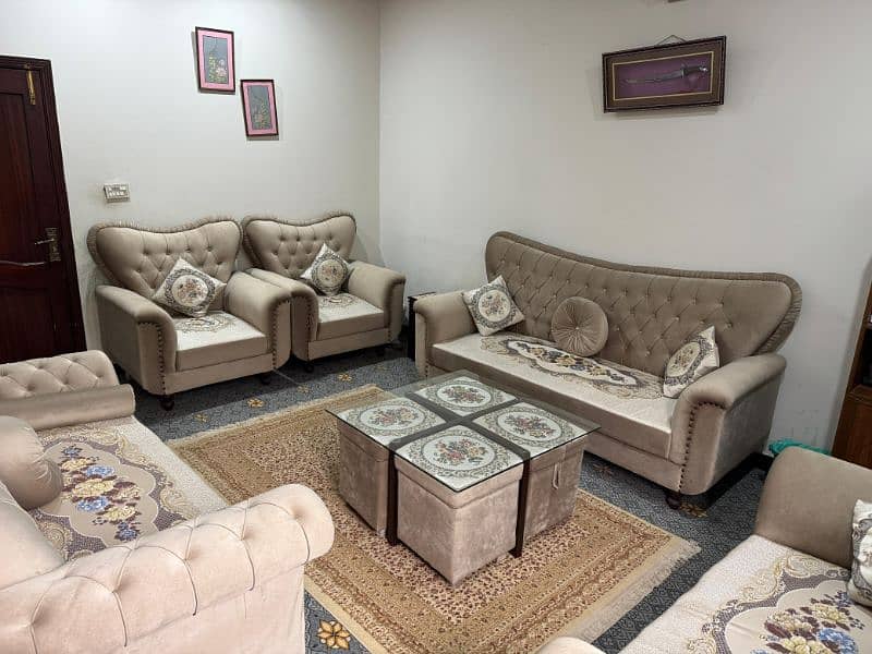 7 Seater Sofa Set with Dewaan and Center Table with 4 stools 0