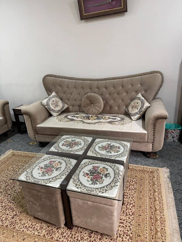 7 Seater Sofa Set with Dewaan and Center Table with 4 stools 1