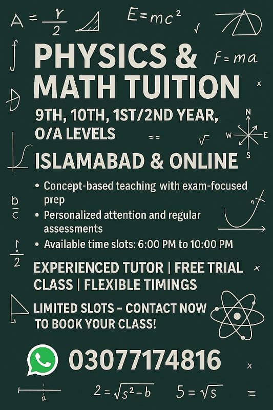 Physics & Math Tuition – 9th, 10th, 1st/2nd Year, O/A Levels 0