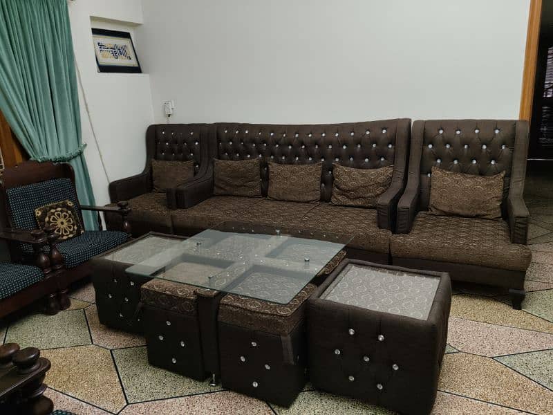5 seater sofa set and center table with four sitting stools 6