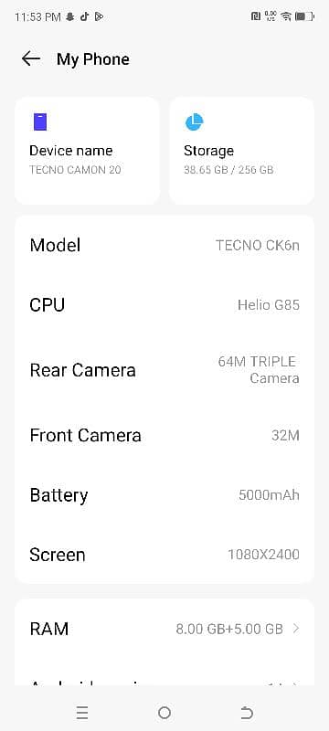 Tecno cemon 20 8+8 gb RAM  256 GB ROM Demand 32k  condition 10/10 0