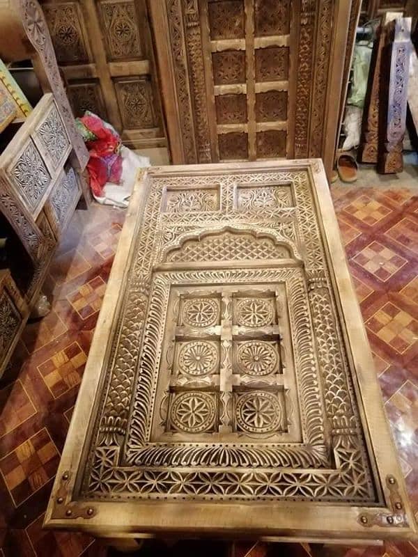 Centre table in pure old solid wood and Swati hand carved 1