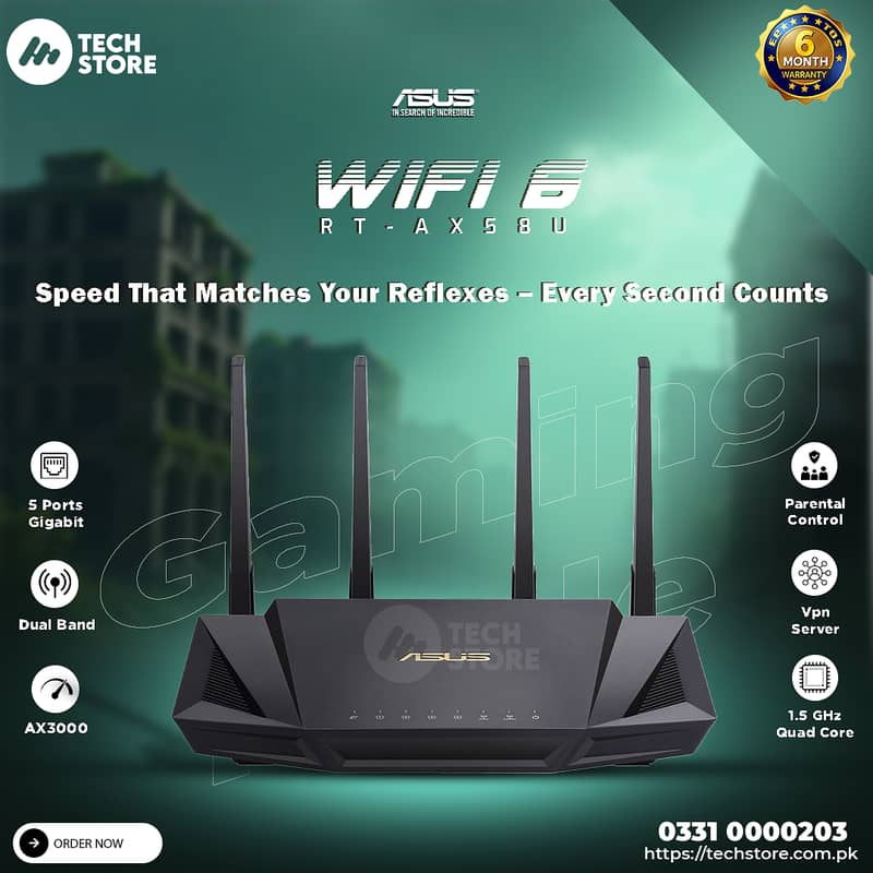 Asus RT-AX58U AX3000 Dual Band WiFi 6 Gaming Router (Renewed) 0