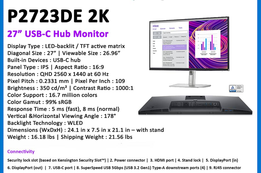 27" Inch Dell Latest 2023 Model Borderless P2723DE 2k USB-C Monitor 5