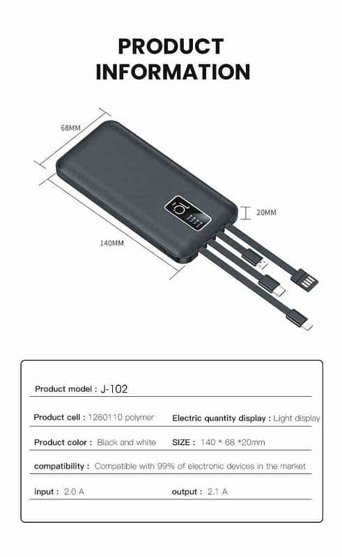 10000mah Powerbank with 4 in 1 Built in Cable 5V 2A Powerbank 8