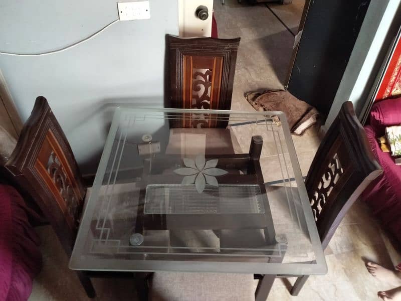 GLASS DINNING TABLE WITH 4 Wooden CHAIRS 5