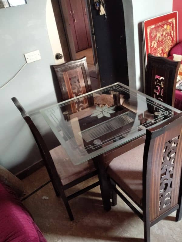 GLASS DINNING TABLE WITH 4 Wooden CHAIRS 6
