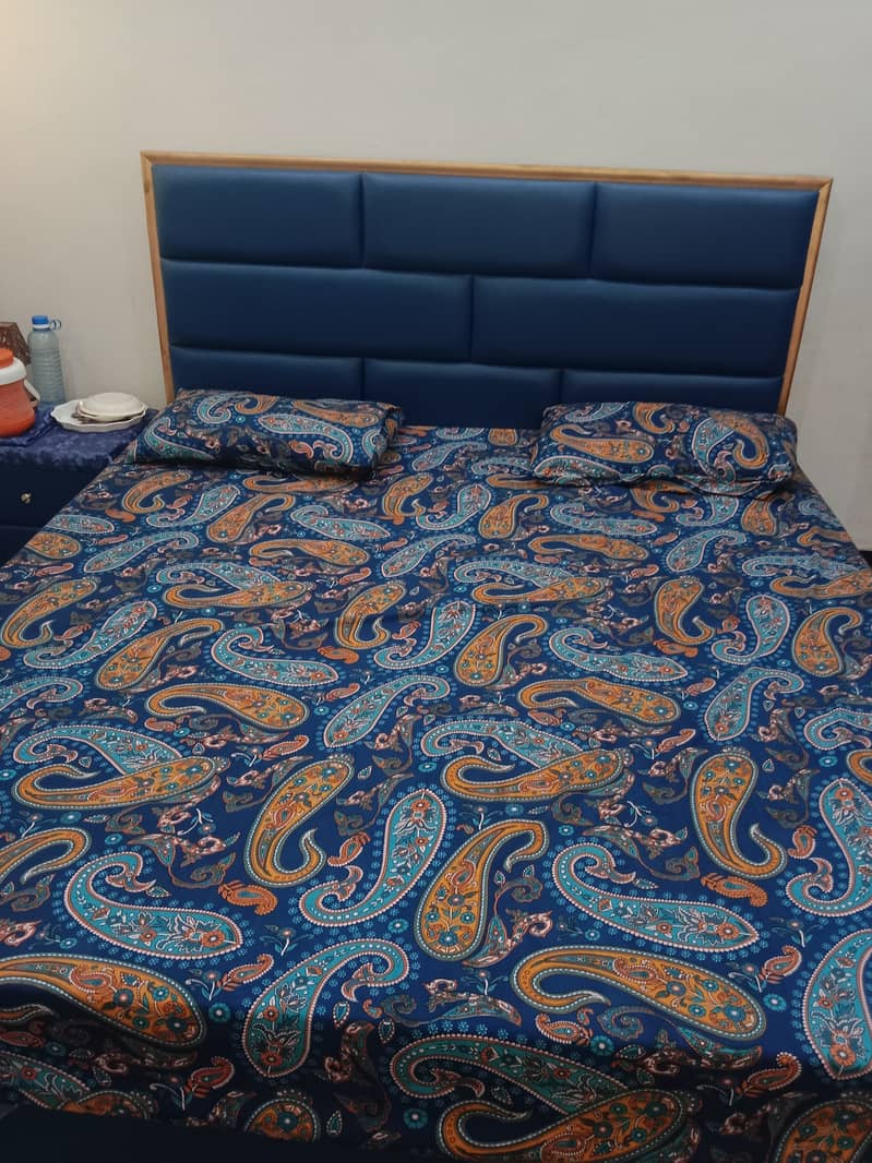 King size navy blue bed with side tables and mattress 3