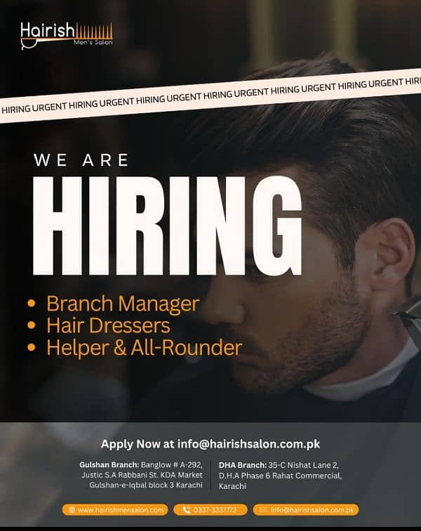 Need Branch Manager, Hairdressers and Helpers 0