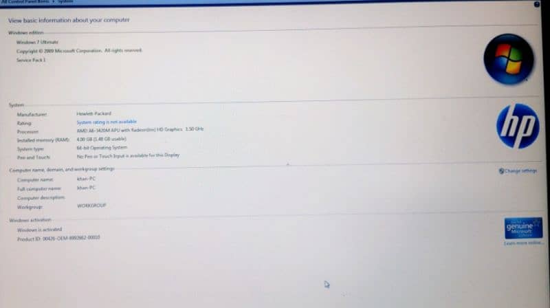 Hp processor AMD A6-3420m HD Graphics (1.50ghz) 4