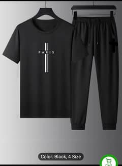 Men's Black Polyester Track Suith - 2 Pcs - Plain Round Neck Set