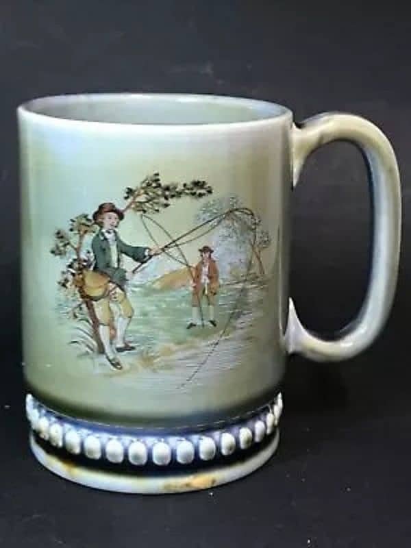 Porcelain Mug Gentlemen Fishing River Green Blue Ireland Vintage 0