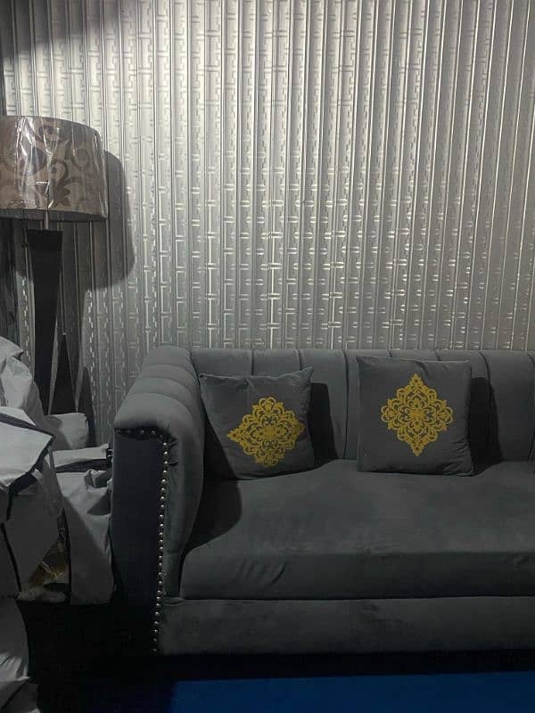 L SHAPE SOFA WITH SIGHTY IN GREY COLOR WITH NEW WOODEN TABLE 1