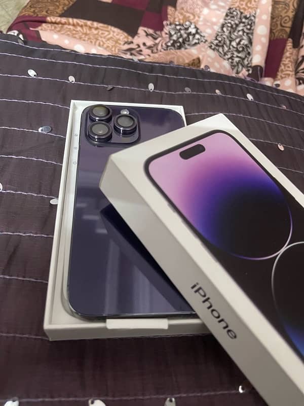 iphone 14 pro max 256 gb factory unlock non pta deep purple 10/10 +box 1