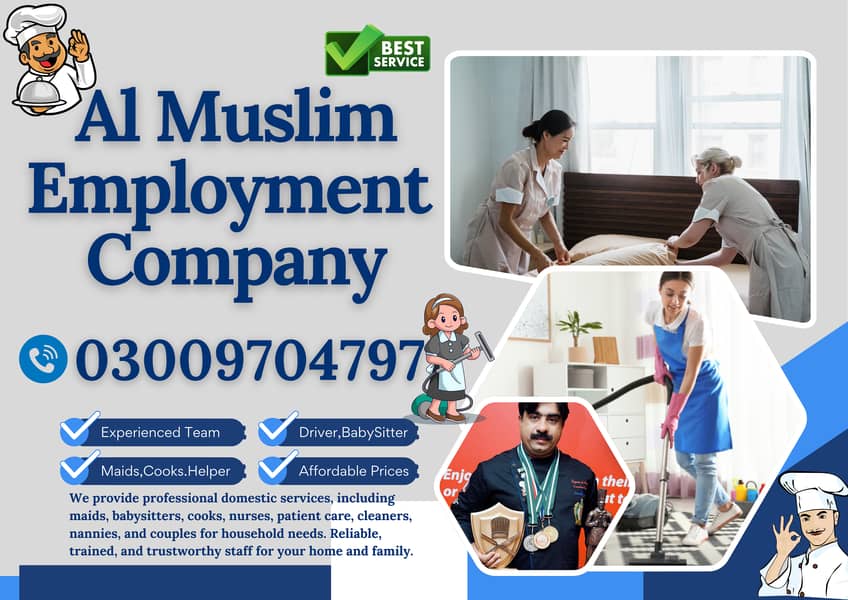 House maids , Maids , Baby Sitter , Chef , Cook , Patient Care ,Nurse 1