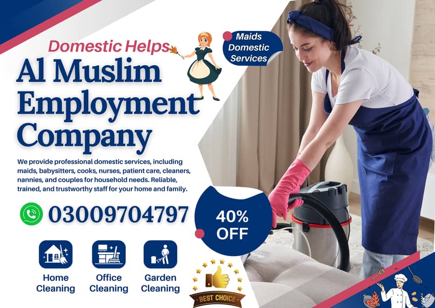 House maids , Maids , Baby Sitter , Chef , Cook , Patient Care ,Nurse 1