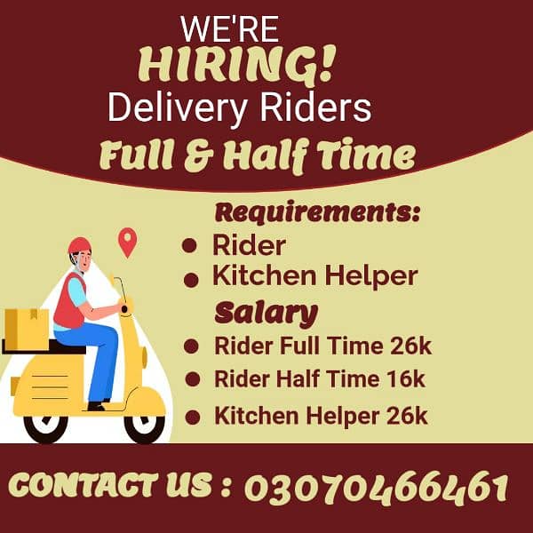 Need Delivery Riders & Kitchen Helper 0