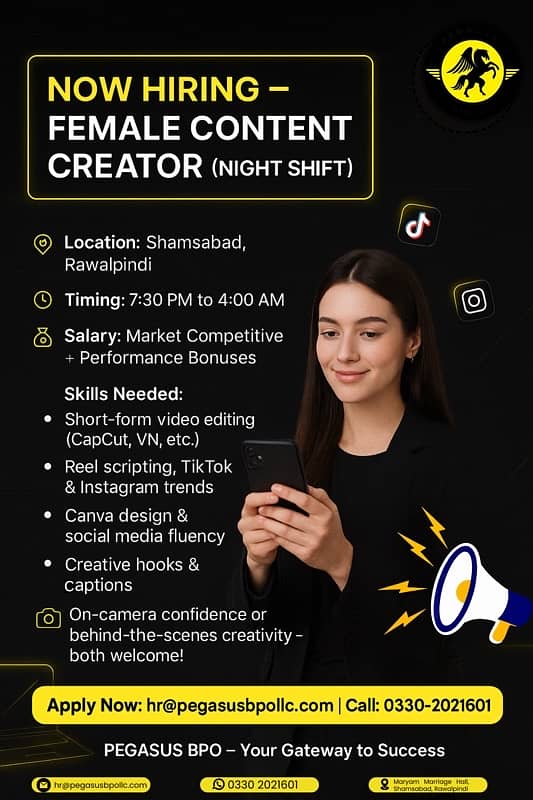 Female Content Creator & Social Media Manager (Night Shift – Rwp] 0