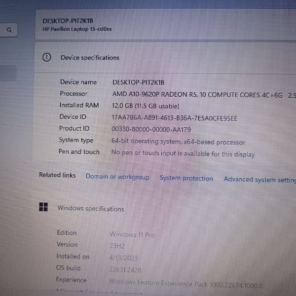 HP Pavilion 15 AMD A10 9th Gen 6GB Graphic card 6