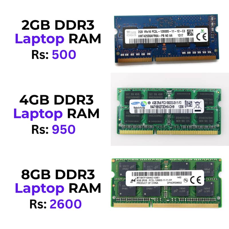 2GB, 4GB, 8GB DDR3 Ram For Laptop 1600Mhz Imported Ram PC3, PC3L 0