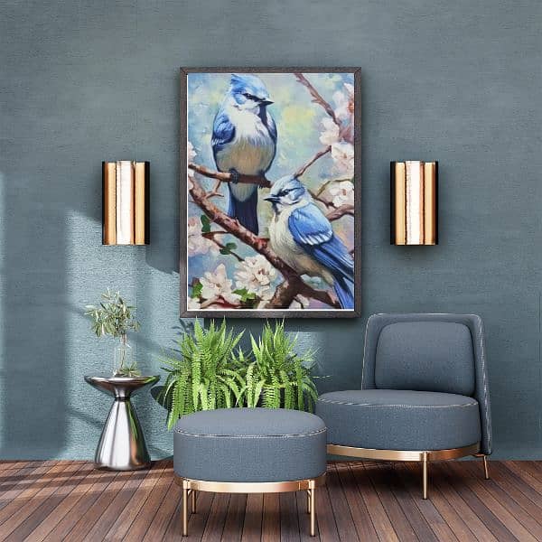 Painting of two Blue Jays perched on a blossoming tree branch 0