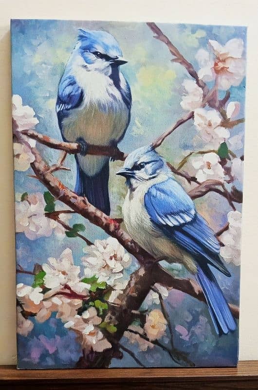 Painting of two Blue Jays perched on a blossoming tree branch 1
