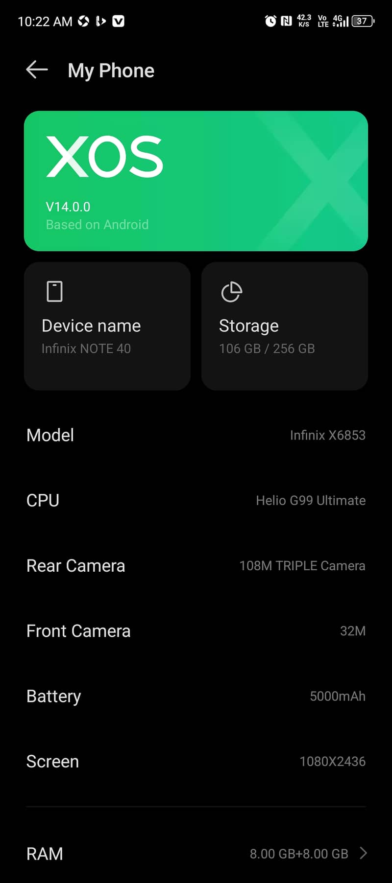 Infinix Note 40  Ram 8.00+8.00 storage 256GB 5