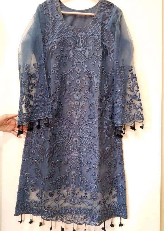 Embroidered net shirt with trouser and net dupatta 0