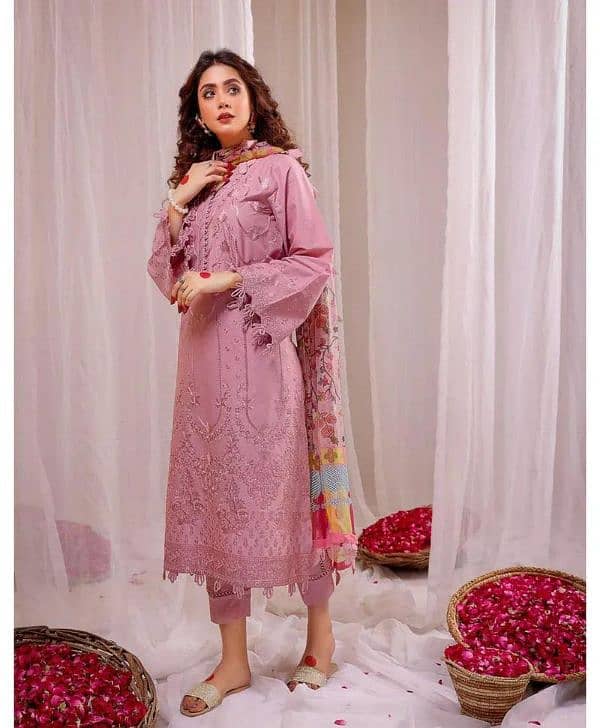 3 Pcs women's unstitched chikankari embroidered suit 0
