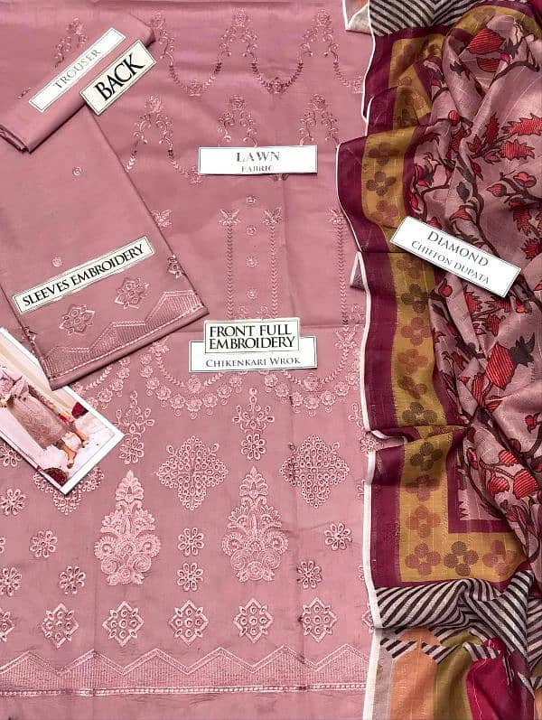 3 Pcs women's unstitched chikankari embroidered suit 1