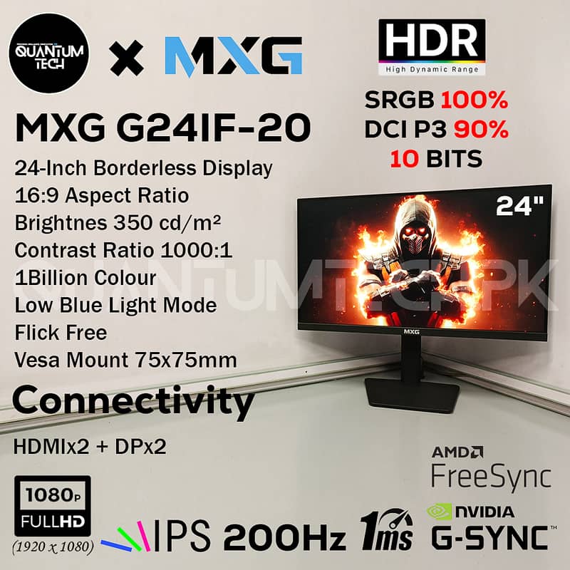MXG 24inch IPS FHD 1080p 200Hz 1MS HDR  Borderless Gaming Monitor 1