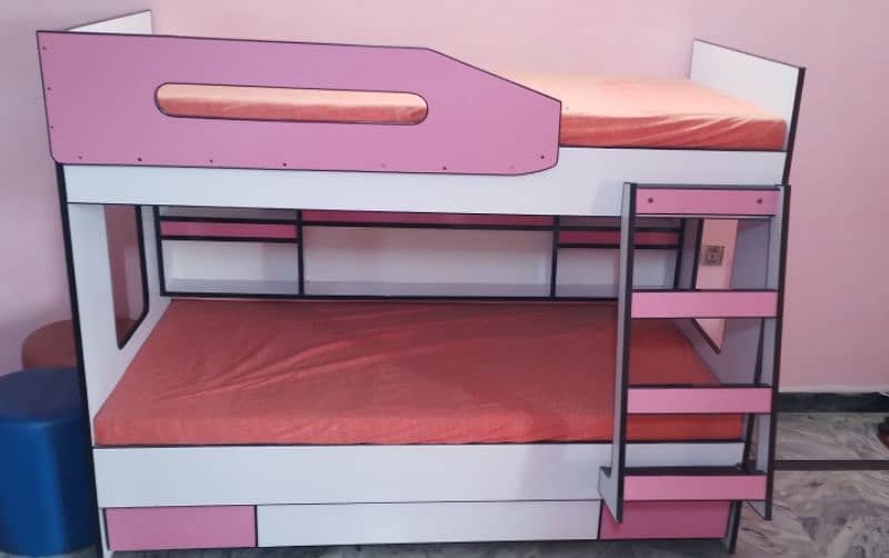 bunk bed, car bed, study table with two chairs 1