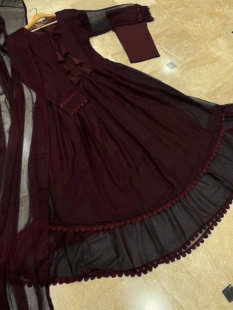 3 Pcs Women's Stitched Chiffon Plain 3 Pcs Maxi Suit 1