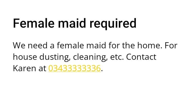 Looking for Female helper maid 0