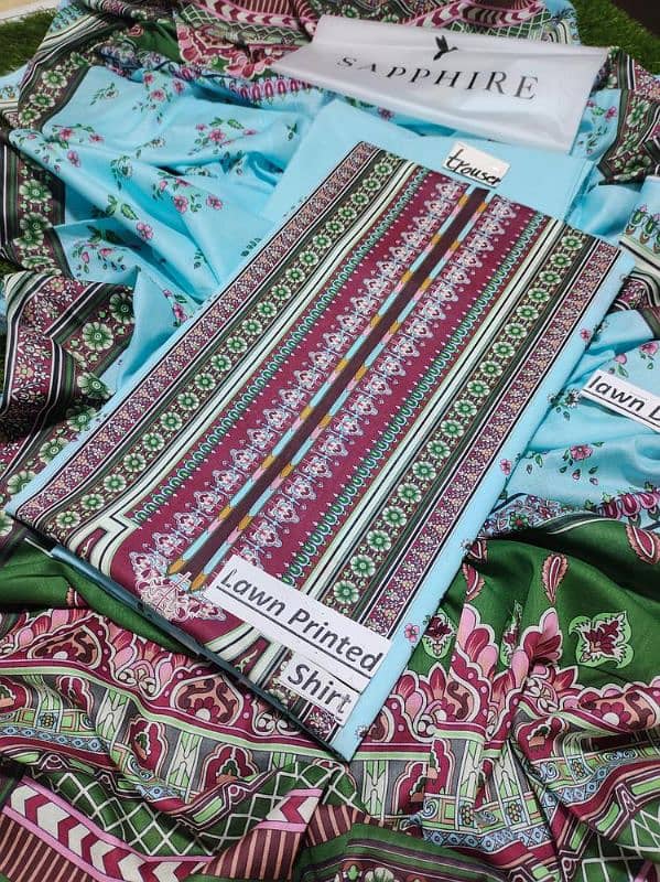 3 PC's Women's Unstitched Lawn Printed Suits 1