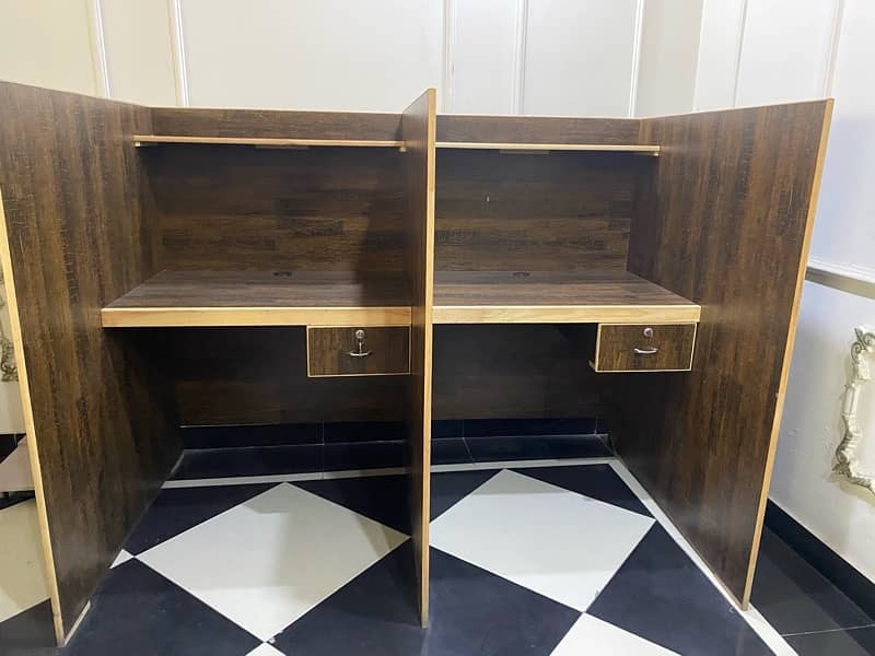 Dual Wooden Workstation with Drawers and Shelves – Excellent Condition 0