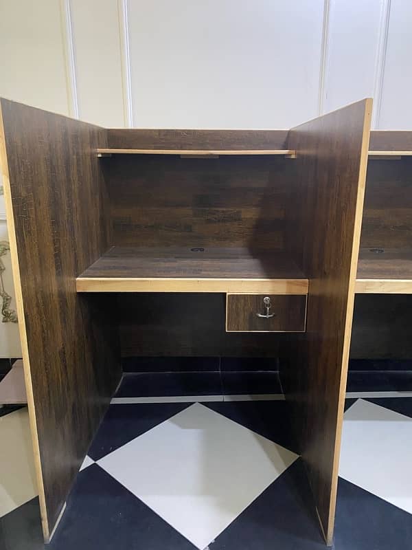 Dual Wooden Workstation with Drawers and Shelves – Excellent Condition 1