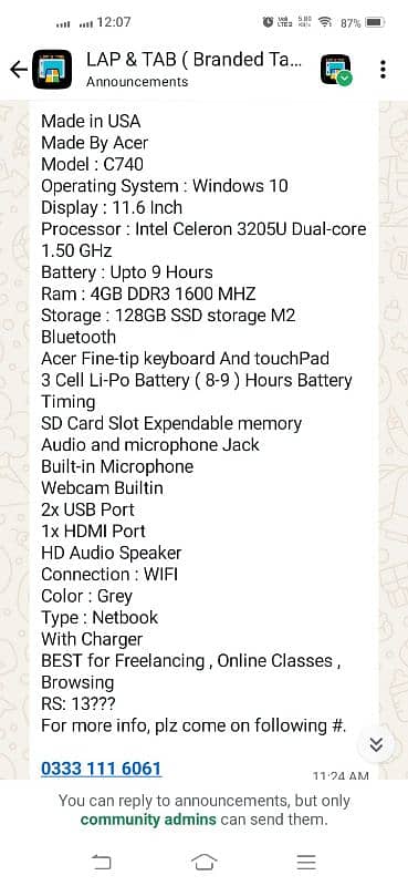 Acer Laptop C740 | 4GB / 128GB SSD | 11.6″ Display ! 9 hrs Battery 4