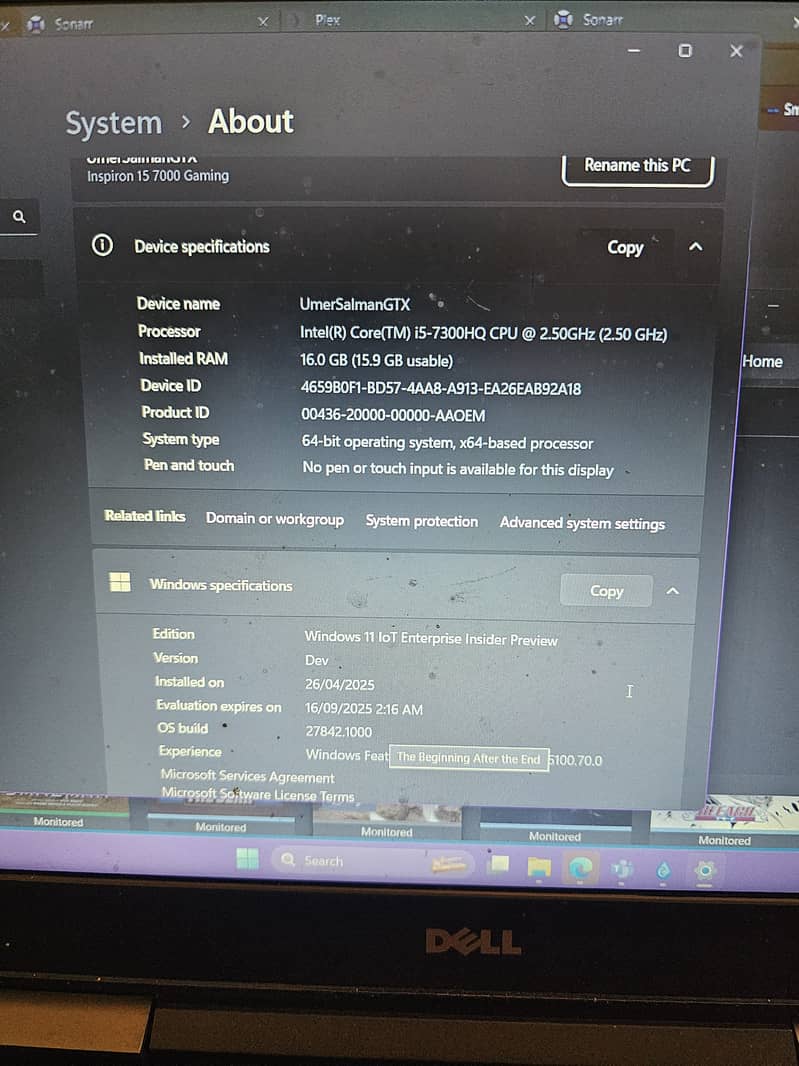 Dell 7567 Core i5 7300HQ - GTX 1050Ti 4gb - 16gb RAM - 256gb SSD 1