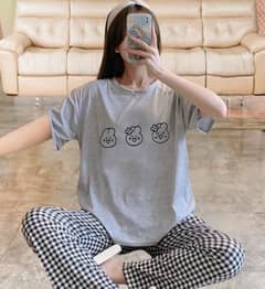 Comfortable 2 Pcs Cotton Jersey Printed Night Suit,delivery available