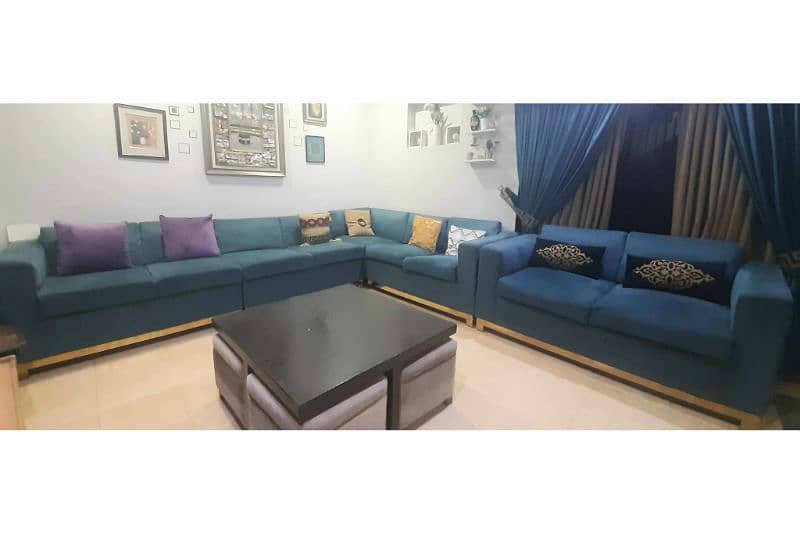 9 seater L shaped turquoise sofa set without cushions 0