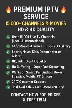 IPTV Premium Service – 15,000+ Channels & Movies – HD & 4K Quality