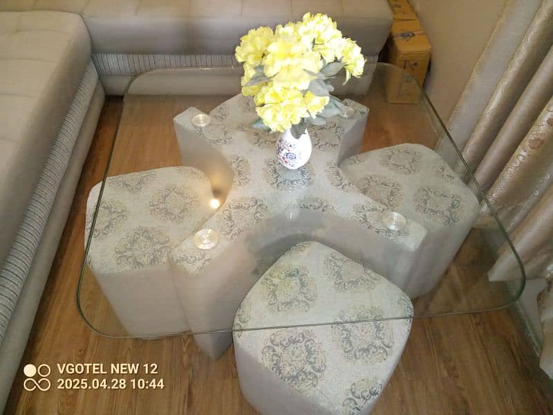 L shaped sofa + 4 stool with glass table 3