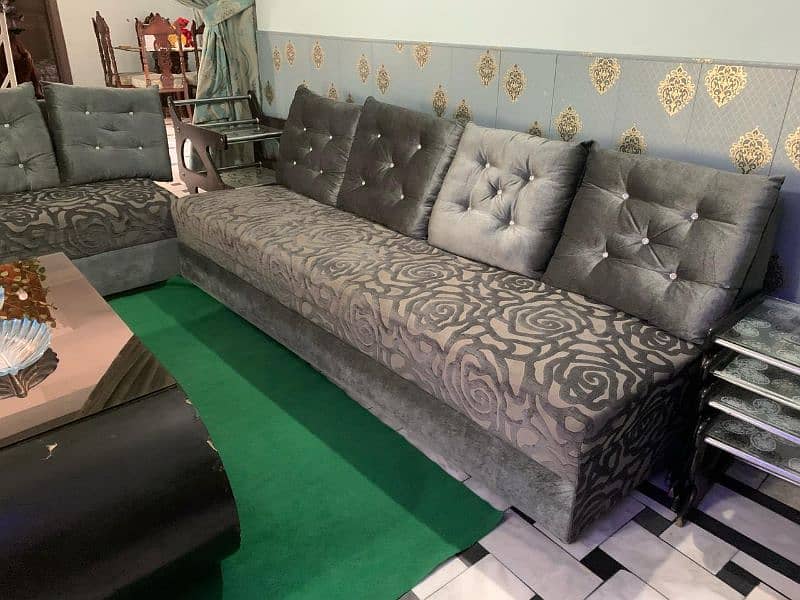 grey velvet sofa with black centre table 2