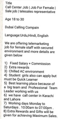 Female job available call center