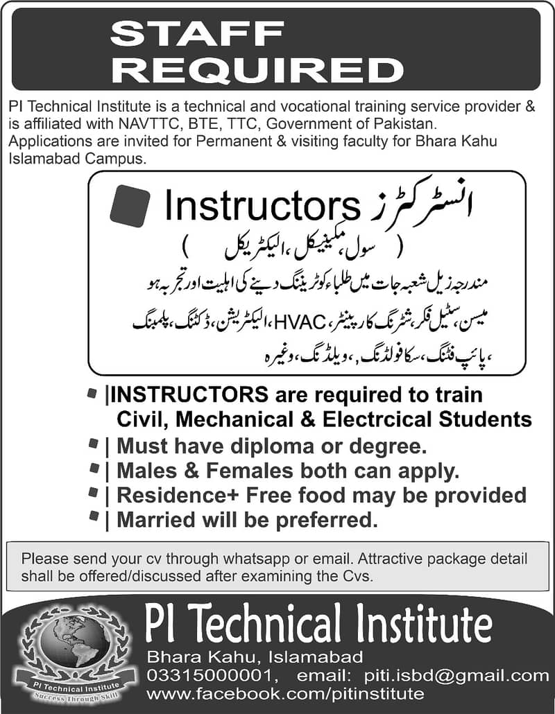INSTRUCTORS are required to train Civil, Mechanical & Electrcical Stu 0