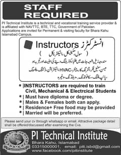INSTRUCTORS are required to train Civil, Mechanical & Electrcical Stu