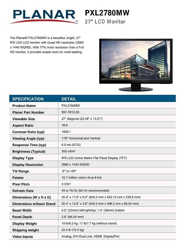 27 inch LED Monitor, 2K HD, IPS display, Model Planar Pxl2780mw 7