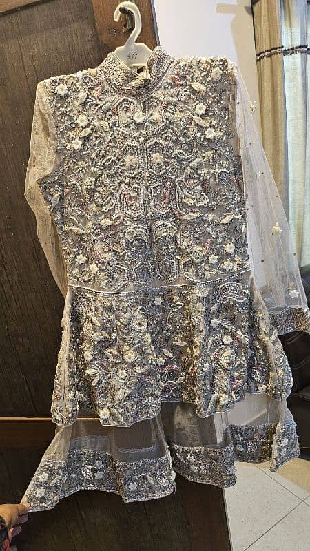 Net fabric heavy embroidery short frock style three piece dress 0