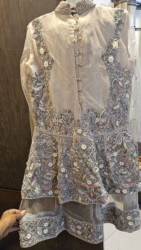 Net fabric heavy embroidery short frock style three piece dress 1